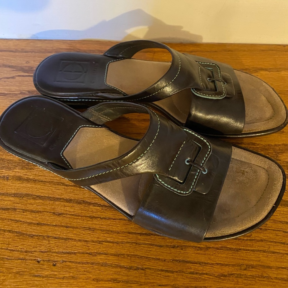 Brown with Aqua/Turquoise Stitching Open Toe Slides